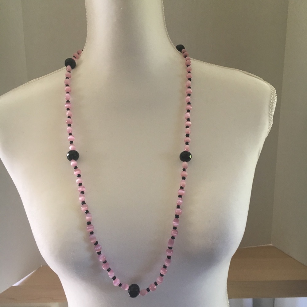 Handcrafted long pink and black bead necklace